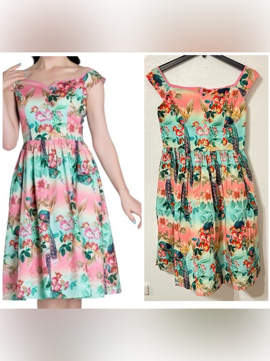 Hell Bunny Dresses & Skirts - Hell Bunny Vixen Peacock Pastel Swing Dress Pin up Poster Girl Off-Shoulder